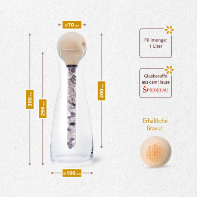 ZirbenFamilie-ZirbenKugel-EdelsteinStab Set inkl. Design Wasserkaraffe "Blume des Lebens"