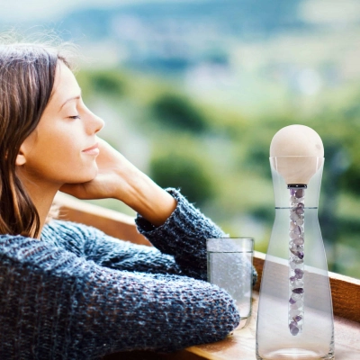 ZirbenFamilie-ZirbenKugel-EdelsteinStab Set inkl. Design Wasserkaraffe "Blume des Lebens"