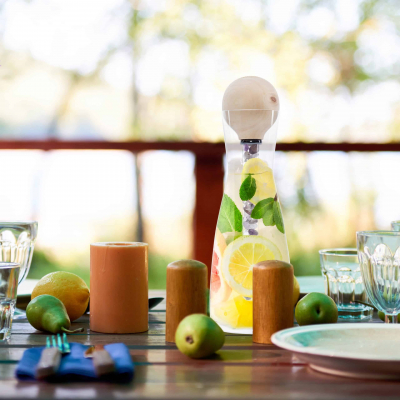 ZirbenFamilie-ZirbenKugel-EdelsteinStab Set inkl. Design Wasserkaraffe "Blume des Lebens"