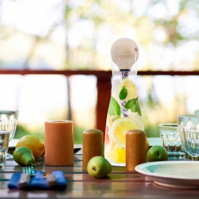 ZirbenFamilie-ZirbenKugel-EdelsteinStab Set inkl. Design Wasserkaraffe "Blume des Lebens"