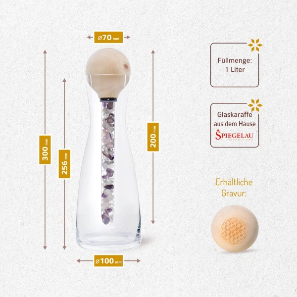 ZirbenFamilie-ZirbenKugel-EdelsteinStab Set inkl. Design Wasserkaraffe "Blume des Lebens"