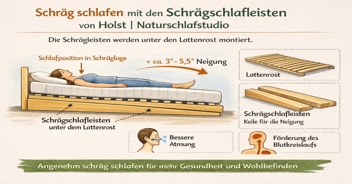 Grafik Schrägschlafleisten unter Lattenrost – ca. 3–5,5° Neigung bei Reflux